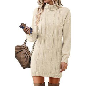 Women's Long Sleeve Turtleneck Sweater Dresses Ribbed Knit Midi Dress Apricot
